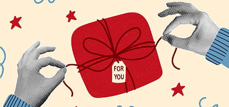 Collage pop art banner, hands opening a gift